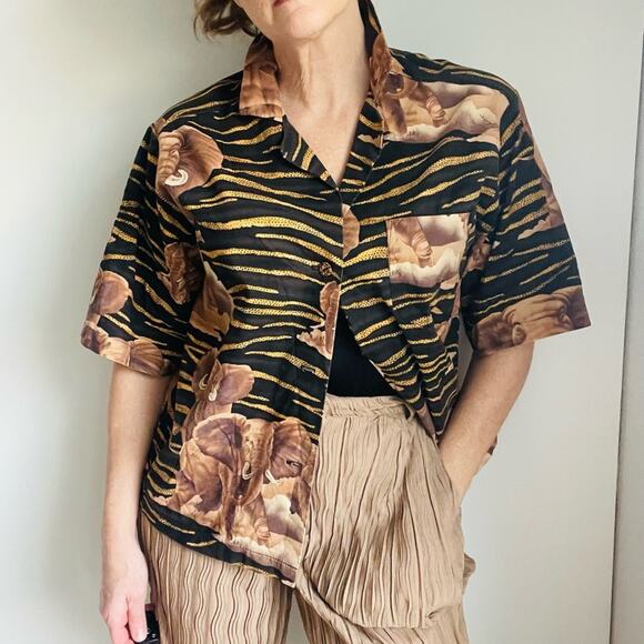 Vintage 80s Safari Style Blouse Cotton Size Medium/Large Elephants Animal Print - Picture 4 of 7